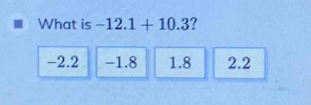 what is -12.1 + 10.3? -2.2 -1.8 1.8 2.2