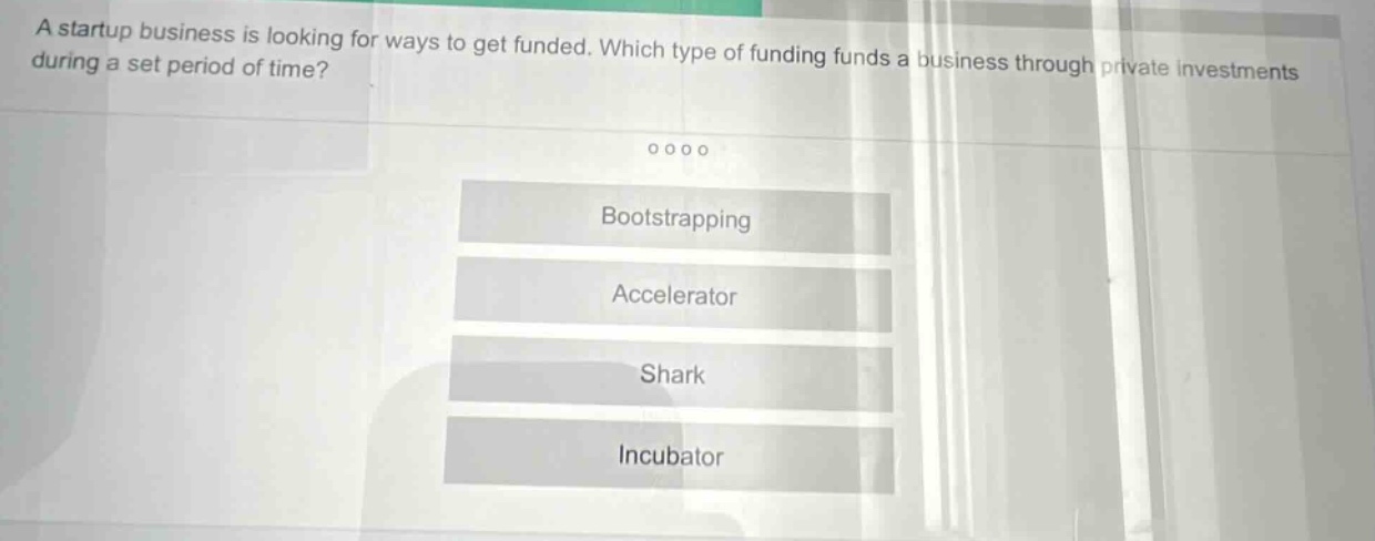 a startup business is looking for ways to get funded. which type of funding funds a business through private investments during a set period of time? bootstrapping accelerator shark incubator