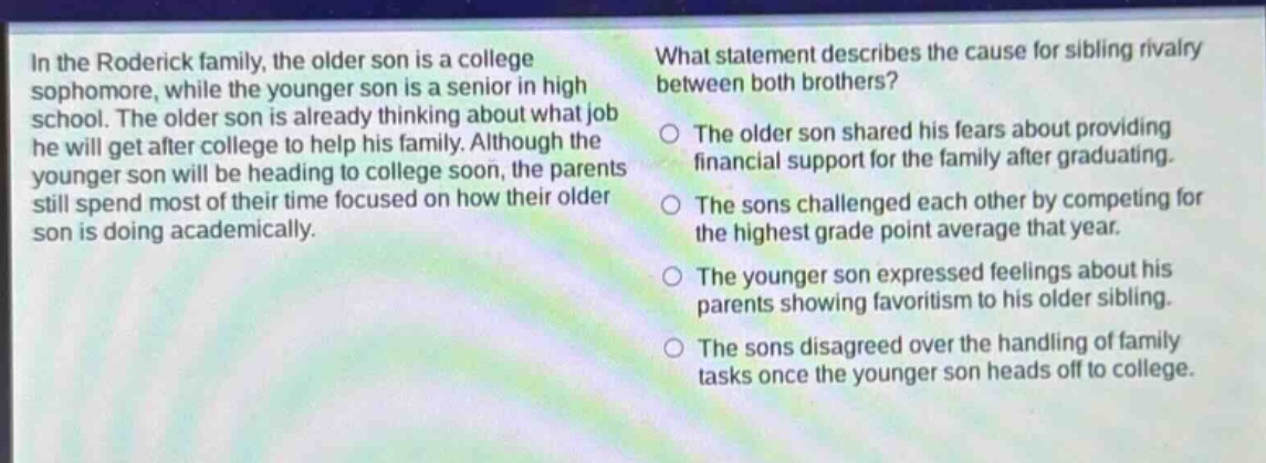 in the roderick family, the older son is a college sophomore, while the younger son is a senior in high school. the older son is already thinking about what job he will get after college to help his family. although the younger son will be heading to college soon, the parents still spend most of their time focused on how their older son is doing academically. what statement describes the cause for sibling rivalry between both brothers? the older son shared his fears about providing financial support for the family after graduating. the sons challenged each other by competing for the highest grade point average that year. the younger son expressed feelings about his parents showing favoritism to his older sibling. the sons disagreed over the handling of family tasks once the younger son heads off to college.