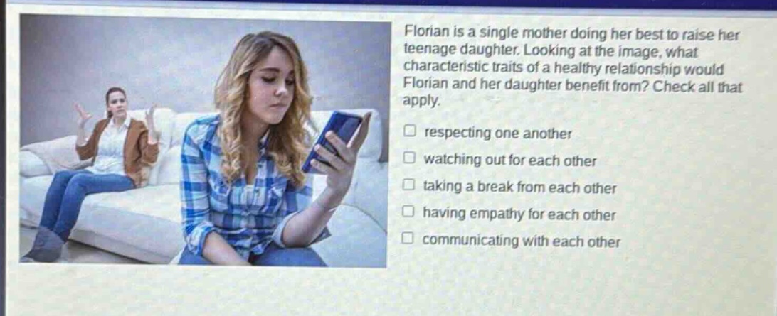 florian is a single mother doing her best to raise her teenage daughter. looking at the image, what characteristic traits of a healthy relationship would florian and her daughter benefit from? check all that apply. respecting one another watching out for each other taking a break from each other having empathy for each other communicating with each other