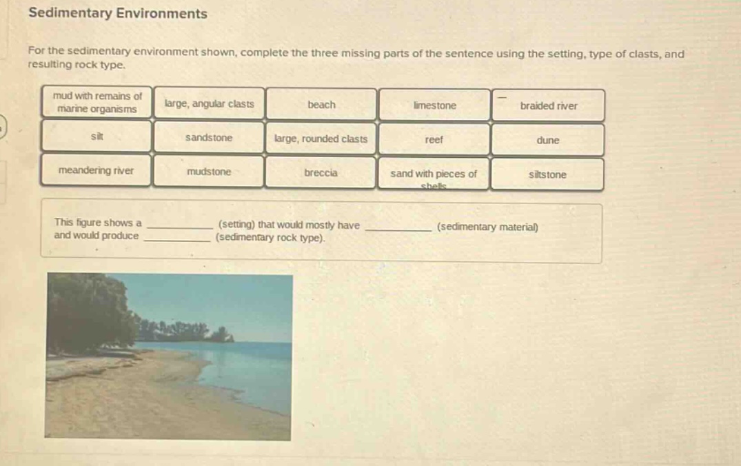 sedimentary environments for the sedimentary environment shown, complete the three missing parts of the sentence using the setting, type of clasts, and resulting rock type. mud with remains of marine organisms large, angular clasts beach limestone braided river silt sandstone large, rounded clasts reef dune meandering river mudstone breccia sand with pieces of shells siltstone this figure shows a ____________ (setting) that would mostly have ____________ (sedimentary material) and would produce ____________ (sedimentary rock type).