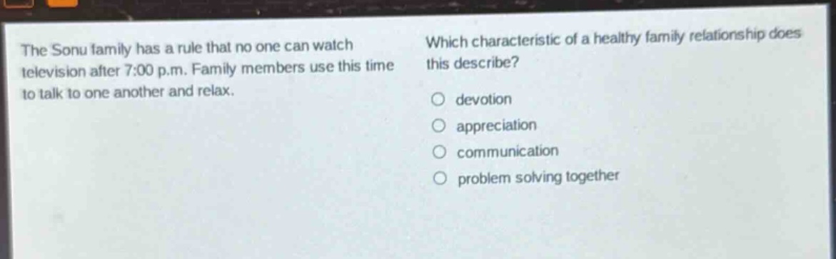 the sonu family has a rule that no one can watch television after 7:00 p.m. family members use this time to talk to one another and relax. which characteristic of a healthy family relationship does this describe? devotion appreciation communication problem solving together