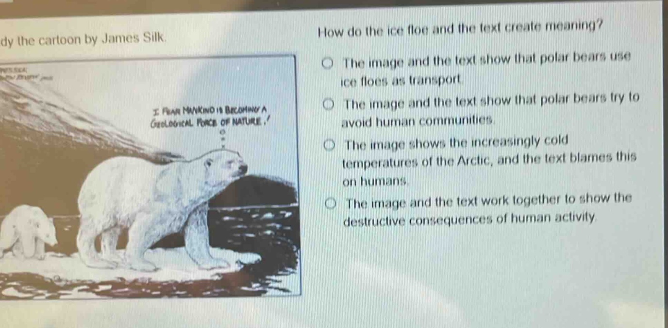 study the cartoon by james silk. how do the ice floe and the text create meaning? the image and the text show that polar bears use ice floes as transport. the image and the text show that polar bears try to avoid human communities. the image shows the increasingly cold temperatures of the arctic, and the text blames this on humans. the image and the text work together to show the destructive consequences of human activity