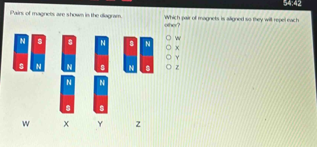 pairs of magnets are shown in the diagram. which pair of magnets is aligned so they will repel each other? o w o x o y o z w x y z