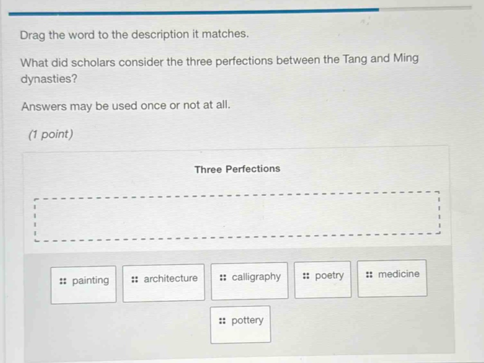 drag the word to the description it matches. what did scholars consider the three perfections between the tang and ming dynasties? answers may be used once or not at all. (1 point) three perfections painting architecture calligraphy poetry medicine pottery