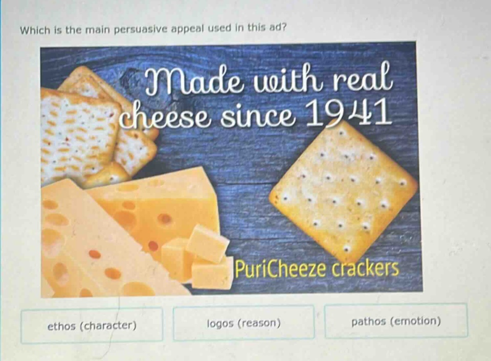 which is the main persuasive appeal used in this ad? made with real cheese since 1941 puricheeze crackers ethos (character) logos (reason) pathos (emotion)