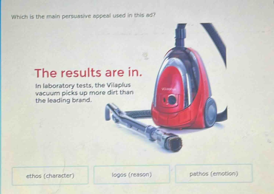 which is the main persuasive appeal used in this ad? the results are in. in laboratory tests, the vilaplus vacuum picks up more dirt than the leading brand. ethos (character) logos (reason) pathos (emotion)