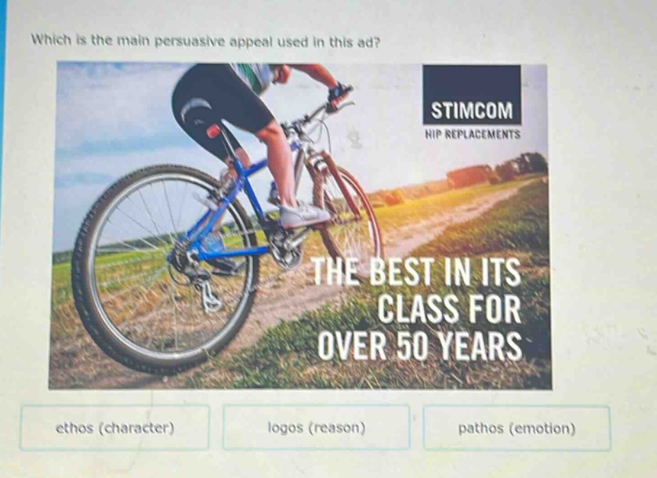 which is the main persuasive appeal used in this ad? stimcom hip replacements the best in its class for over 50 years ethos (character) logos (reason) pathos (emotion)