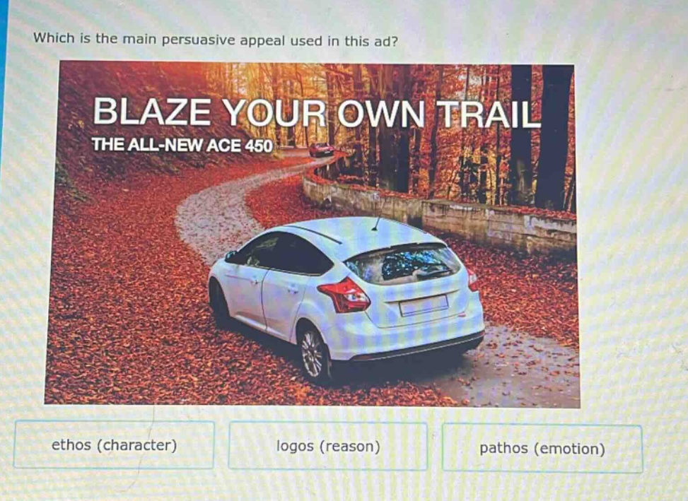 which is the main persuasive appeal used in this ad? blaze your own trail the all - new ace 450 ethos (character) logos (reason) pathos (emotion)