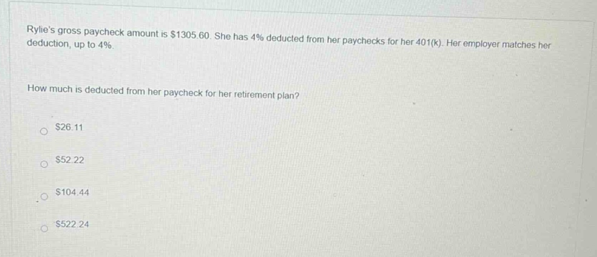 rylies gross paycheck amount is $1305.60. she has 4% deducted from her paychecks for her 401(k). her employer matches her deduction, up to 4%. how much is deducted from her paycheck for her retirement plan? $26.11 $52.22 $104.44 $522.24