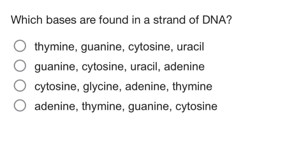 which bases are found in a strand of dna?\nthymine, guanine, cytosine, uracil\nguanine, cytosine, uracil, adenine\ncytosine, glycine, adenine, thymine\nadenine, thymine, guanine, cytosine