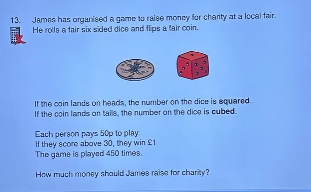 13. james has organised a game to raise money for charity at a local fair. he rolls a fair six sided dice and flips a fair coin. if the coin lands on heads, the number on the dice is squared. if the coin lands on tails, the number on the dice is cubed. each person pays 50p to play. if they score above 30, they win £1. the game is played 450 times. how much money should james raise for charity?