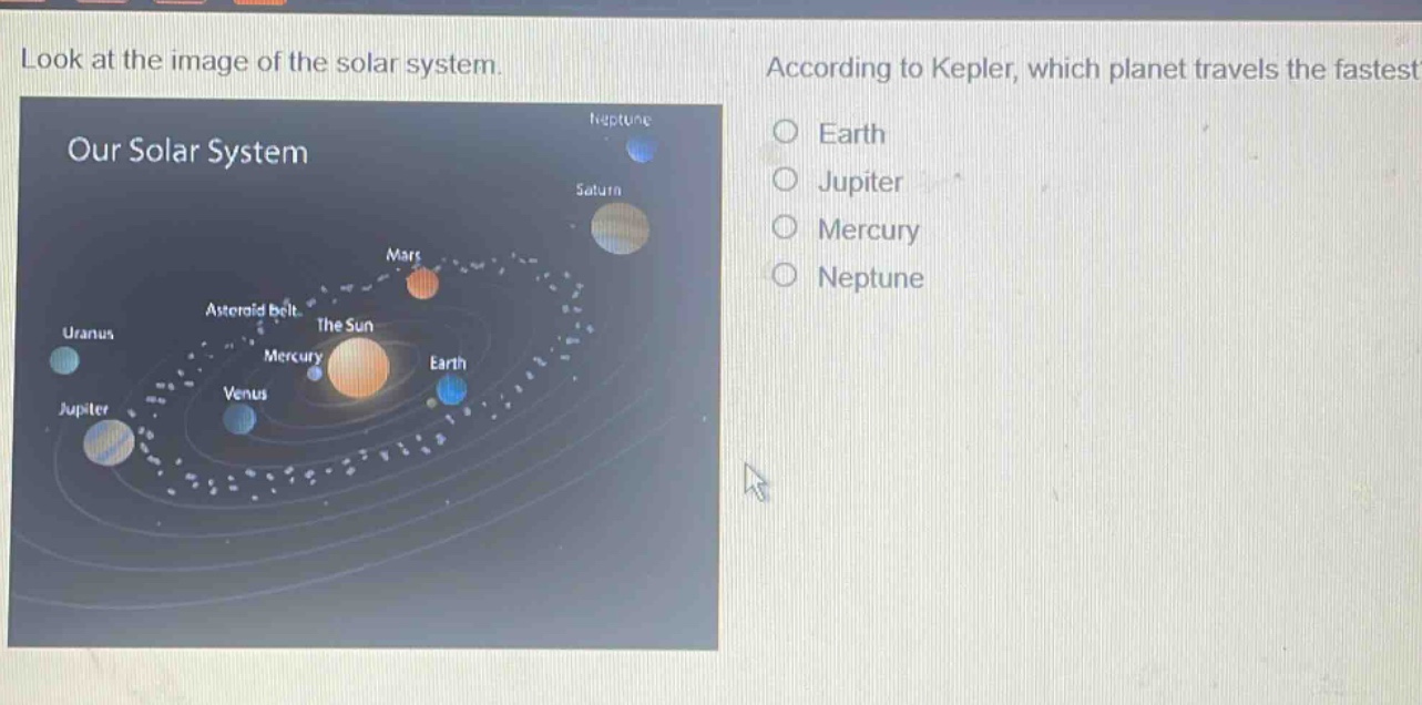 look at the image of the solar system. according to kepler, which planet travels the fastest? earth jupiter mercury neptune