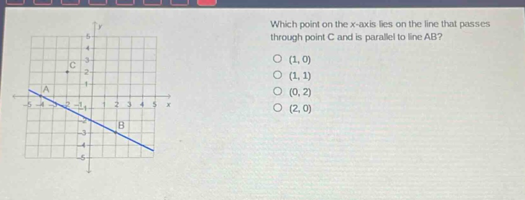 which point on the x - axis lies on the line that passes through point c and is parallel to line ab? (1,0) (1,1) (0,2) (2,0)