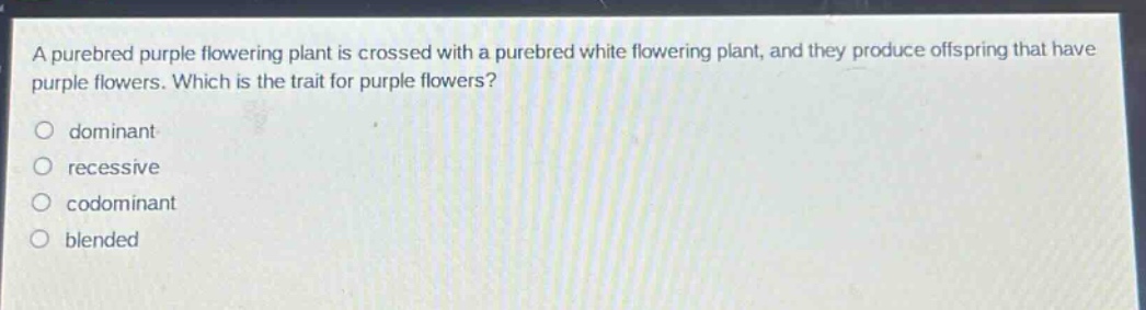 a purebred purple flowering plant is crossed with a purebred white flowering plant, and they produce offspring that have purple flowers. which is the trait for purple flowers?\no dominant\no recessive\no codominant\no blended
