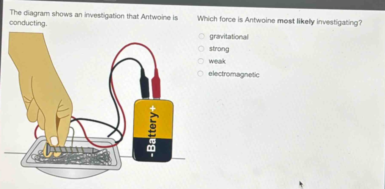 the diagram shows an investigation that antwoine is conducting. which force is antwoine most likely investigating? gravitational strong weak electromagnetic