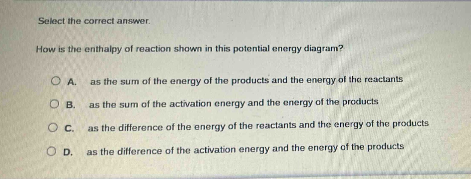 select the correct answer. how is the enthalpy of reaction shown in this potential energy diagram? a. as the sum of the energy of the products and the energy of the reactants b. as the sum of the activation energy and the energy of the products c. as the difference of the energy of the reactants and the energy of the products d. as the difference of the activation energy and the energy of the products