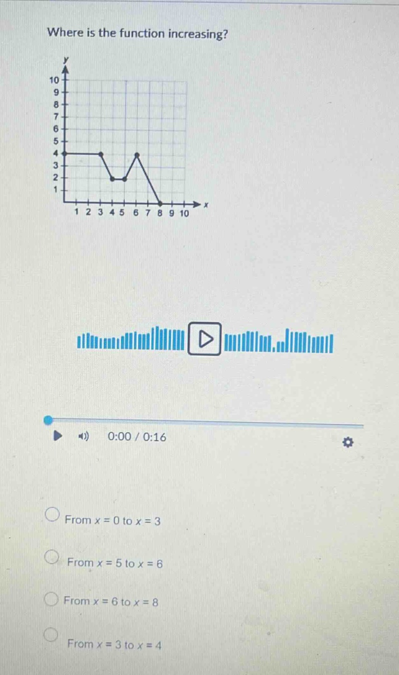where is the function increasing? from x = 0 to x = 3 from x = 5 to x = 6 from x = 6 to x = 8 from x = 3 to x = 4