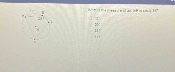what is the measure of arc ef in circle h? 41° 50° 114° 173°