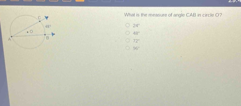 what is the measure of angle cab in circle o? 24° 48° 72° 96°