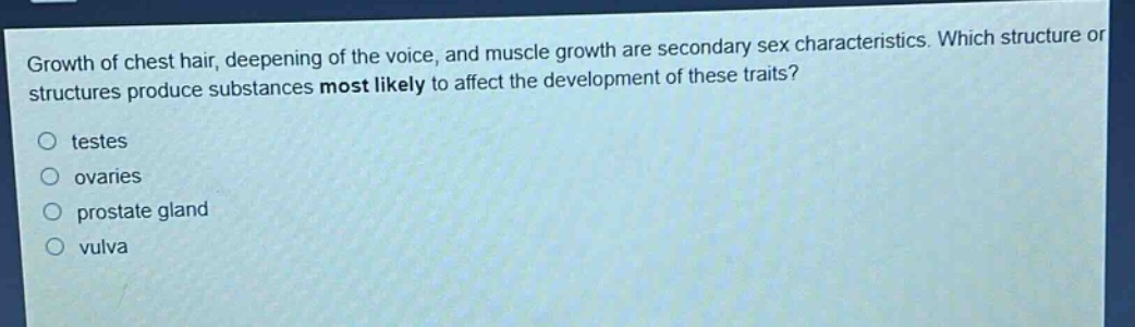 growth of chest hair, deepening of the voice, and muscle growth are secondary sex characteristics. which structure or structures produce substances most likely to affect the development of these traits?\no testes\no ovaries\no prostate gland\no vulva
