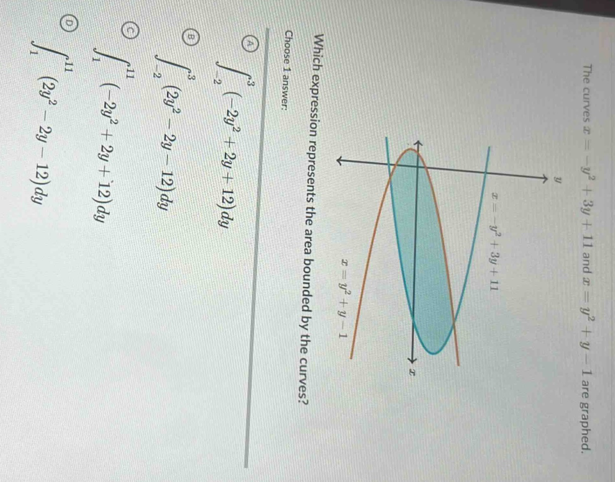 the curves x = -y² + 3y + 11 and x = y² + y - 1 are graphed. which expression represents the area bounded by the curves? choose 1 answer: a ∫₋₂³ (-2y² + 2y + 12)dy b ∫₋₂³ (2y² - 2y - 12)dy c ∫₋₁¹ (-2y² + 2y + 12)dy d ∫₋₁¹ (2y² - 2y - 12)dy