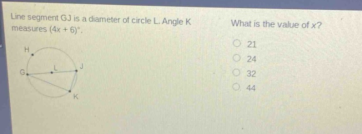 line segment gj is a diameter of circle l. angle k measures (4x + 6)°. what is the value of x? 21 24 32 44