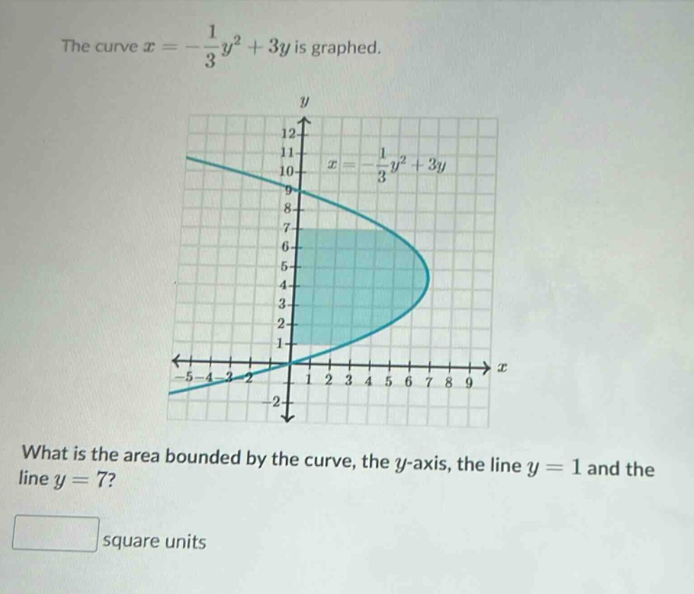 the curve x = -1/3 y^2 + 3y is graphed. what is the area bounded by the curve, the y - axis, the line y = 1 and the line y = 7? square units