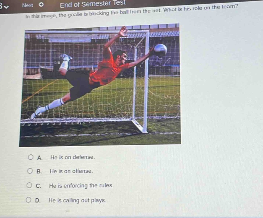 in this image, the goalie is blocking the ball from the net. what is his role on the team? a. he is on defense. b. he is on offense. c. he is enforcing the rules. d. he is calling out plays.