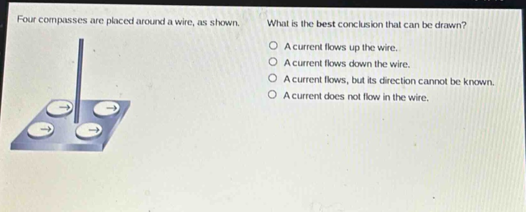 four compasses are placed around a wire, as shown. what is the best conclusion that can be drawn? a current flows up the wire. a current flows down the wire. a current flows, but its direction cannot be known. a current does not flow in the wire.