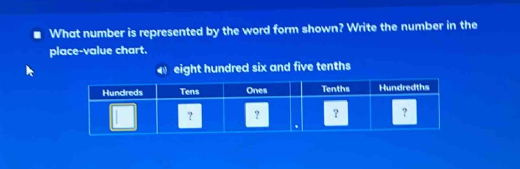 what number is represented by the word form shown? write the number in the place - value chart. eight hundred six and five tenths