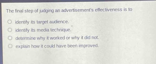 the final step of judging an advertisements effectiveness is to identify its target audience. identify its media technique. determine why it worked or why it did not. explain how it could have been improved.