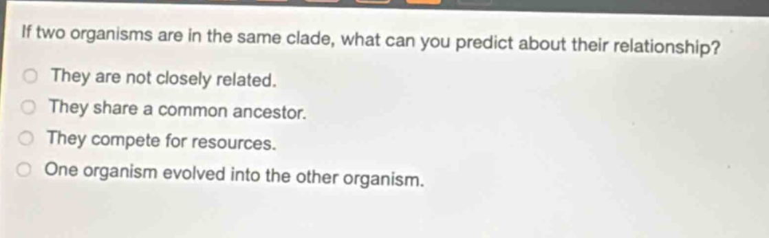 if two organisms are in the same clade, what can you predict about their relationship? they are not closely related. they share a common ancestor. they compete for resources. one organism evolved into the other organism.