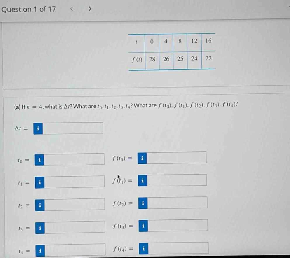 question 1 of 17 < > (a) if n = 4, what is δt? what are t0,t1,t2,t3,t4? what are f(t0),f(t1),f(t2),f(t3),f(t4)? δt = t0 = f(t0) = t1 = f(t1) = t2 = f(t2) = t3 = f(t3) = t4 = f(t4) =