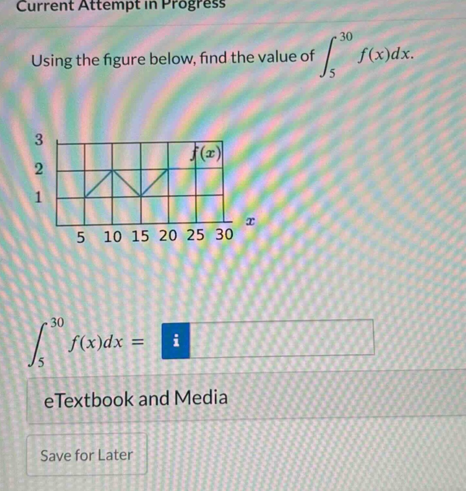 current attempt in progress using the figure below, find the value of ∫₅³⁰ f(x)dx. ∫₅³⁰ f(x)dx = etextbook and media save for later