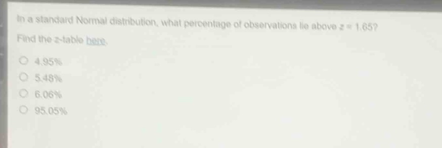 in a standard normal distribution, what percentage of observations lie above z = 1.65? find the z - table here. 4.95% 5.48% 6.06% 95.05%