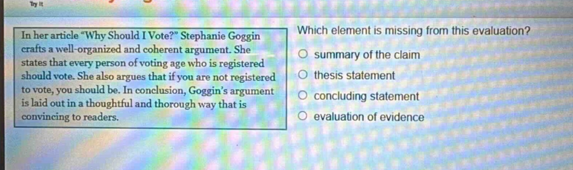 in her article \why should i vote?\ stephanie goggin crafts a well - organized and coherent argument. she states that every person of voting age who is registered should vote. she also argues that if you are not registered to vote, you should be. in conclusion, goggins argument is laid out in a thoughtful and thorough way that is convincing to readers. which element is missing from this evaluation? summary of the claim thesis statement concluding statement evaluation of evidence