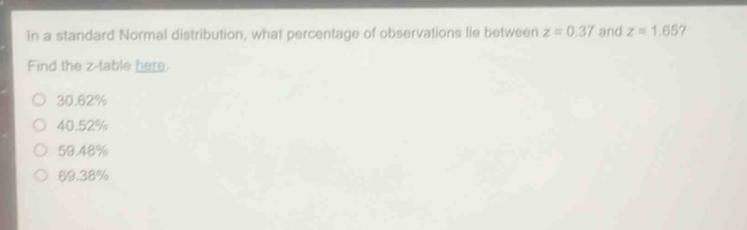 in a standard normal distribution, what percentage of observations lie between z = 0.37 and z = 1.65? find the z - table here. 30.62% 40.52% 59.48% 69.38%