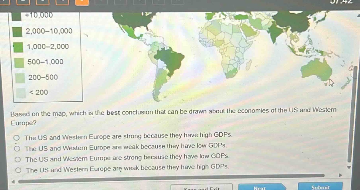 based on the map, which is the best conclusion that can be drawn about the economies of the us and western europe? the us and western europe are strong because they have high gdps. the us and western europe are weak because they have low gdps. the us and western europe are strong because they have low gdps. the us and western europe are weak because they have high gdps.
