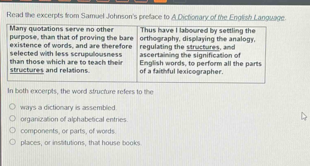 read the excerpts from samuel johnsons preface to a dictionary of the english language. many quotations serve no other purpose, than that of proving the bare existence of words, and are therefore selected with less scrupulousness than those which are to teach their structures and relations. thus have i laboured by settling the orthography, displaying the analogy, regulating the structures, and ascertaining the signification of english words, to perform all the parts of a faithful lexicographer. in both excerpts, the word structure refers to the ways a dictionary is assembled. organization of alphabetical entries. components, or parts, of words. places, or institutions, that house books.