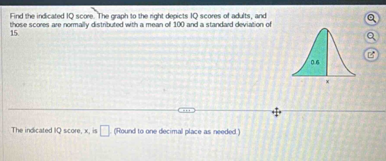 find the indicated iq score. the graph to the right depicts iq scores of adults, and those scores are normally distributed with a mean of 100 and a standard deviation of 15. the indicated iq score, x, is. (round to one decimal place as needed.)