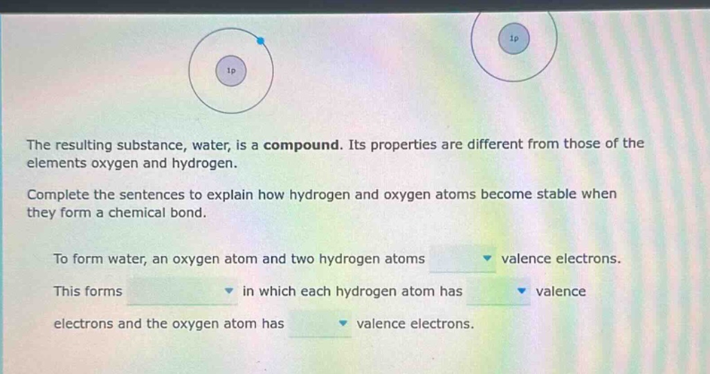 the resulting substance, water, is a compound. its properties are different from those of the elements oxygen and hydrogen. complete the sentences to explain how hydrogen and oxygen atoms become stable when they form a chemical bond. to form water, an oxygen atom and two hydrogen atoms valence electrons. this forms in which each hydrogen atom has valence electrons and the oxygen atom has valence electrons.