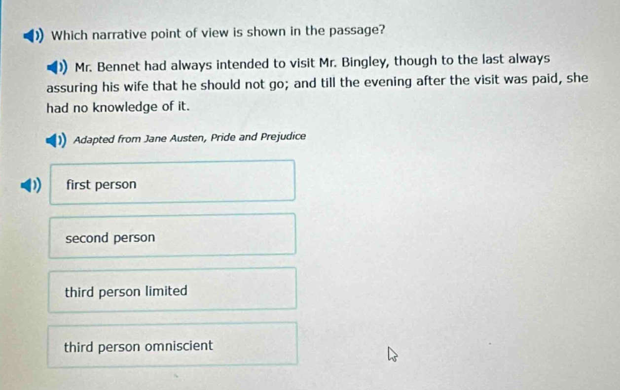 which narrative point of view is shown in the passage? mr. bennet had always intended to visit mr. bingley, though to the last always assuring his wife that he should not go; and till the evening after the visit was paid, she had no knowledge of it. adapted from jane austen, pride and prejudice first person second person third person limited third person omniscient