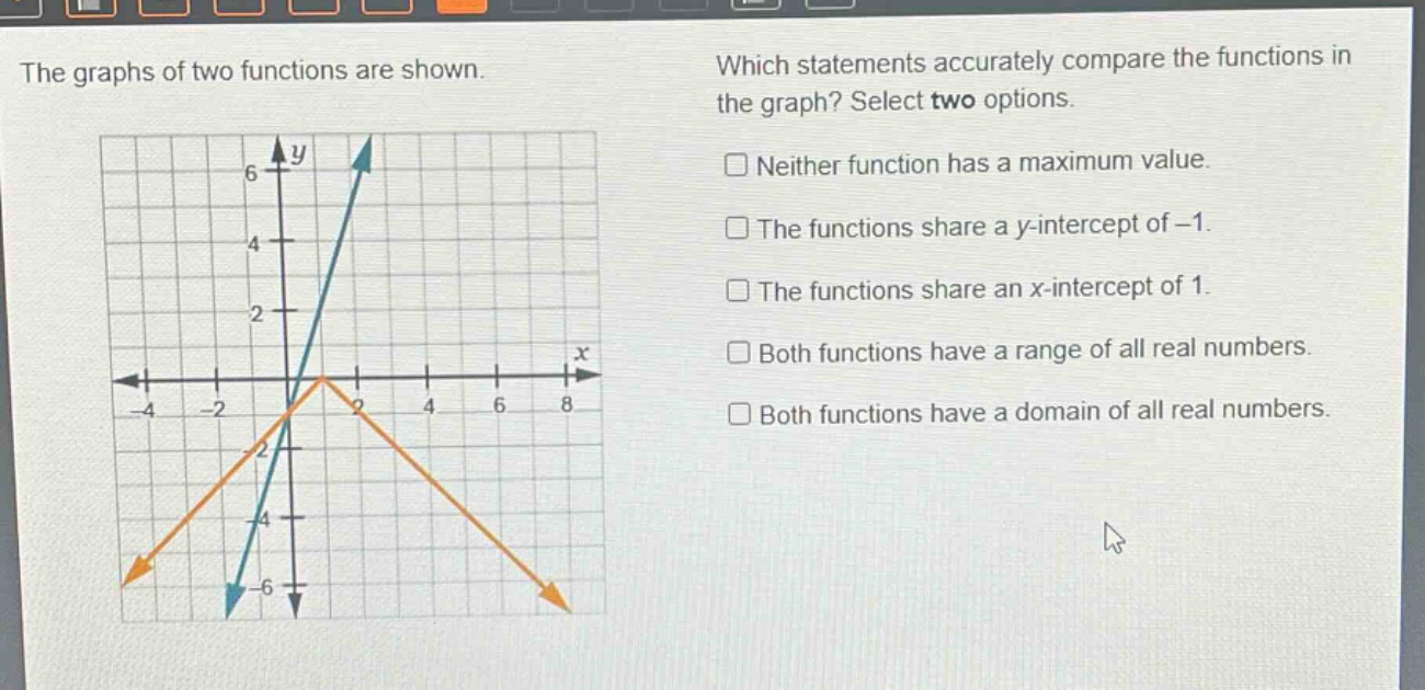 the graphs of two functions are shown. which statements accurately compare the functions in the graph? select two options. neither function has a maximum value. the functions share a y - intercept of - 1. the functions share an x - intercept of 1. both functions have a range of all real numbers. both functions have a domain of all real numbers.