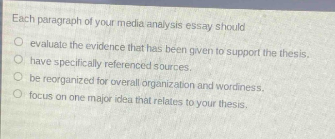 each paragraph of your media analysis essay should evaluate the evidence that has been given to support the thesis. have specifically referenced sources. be reorganized for overall organization and wordiness. focus on one major idea that relates to your thesis.