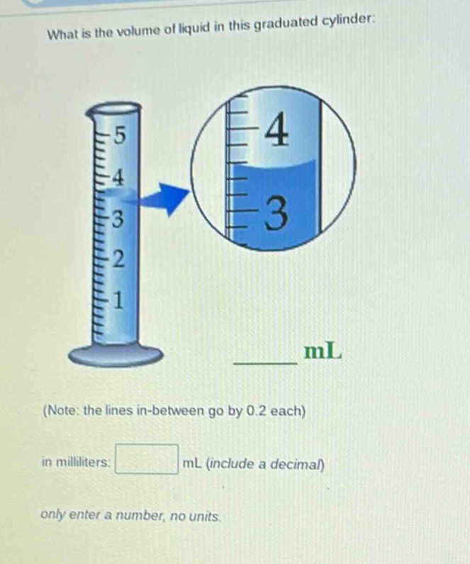 what is the volume of liquid in this graduated cylinder: (note: the lines in - between go by 0.2 each) in milliliters: ml (include a decimal) only enter a number, no units
