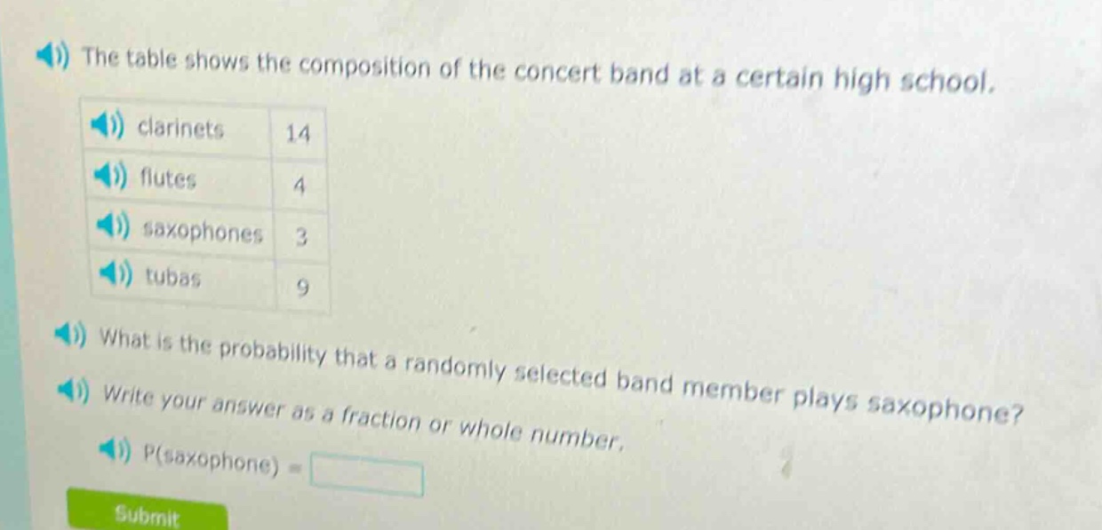 the table shows the composition of the concert band at a certain high school. clarinets 14 flutes 4 saxophones 3 tubas 9 what is the probability that a randomly selected band member plays saxophone? write your answer as a fraction or whole number. p(saxophone) =