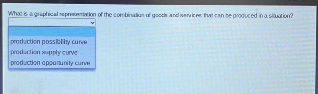 what is a graphical representation of the combination of goods and services that can be produced in a situation? production possibility curve production supply curve production opportunity curve