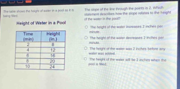 the table shows the height of water in a pool as it is being filled. height of water in a pool time (min) height (in.) 2 8 4 12 6 16 8 20 10 24 the slope of the line through the points is 2. which statement describes how the slope relates to the height of the water in the pool? the height of the water increases 2 inches per minute. the height of the water decreases 2 inches per minute. the height of the water was 2 inches before any water was added. the height of the water will be 2 inches when the pool is filled.