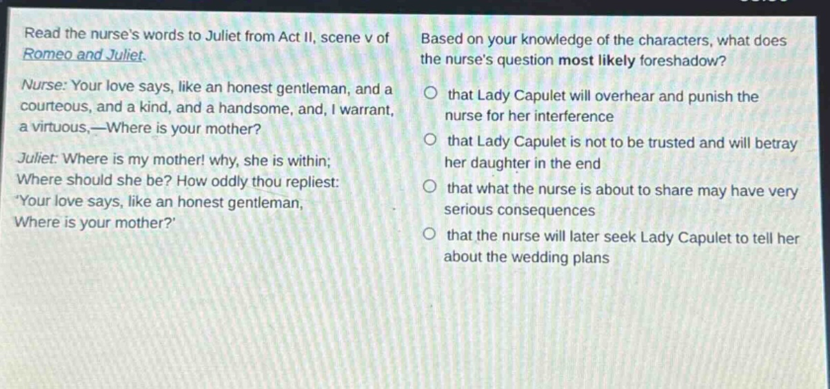 read the nurses words to juliet from act ii, scene v of romeo and juliet. nurse: your love says, like an honest gentleman, and a courteous, and a kind, and a handsome, and, i warrant, a virtuous,—where is your mother? juliet: where is my mother! why, she is within; where should she be? how oddly thou repliest: your love says, like an honest gentleman, where is your mother? based on your knowledge of the characters, what does the nurses question most likely foreshadow? that lady capulet will overhear and punish the nurse for her interference that lady capulet is not to be trusted and will betray her daughter in the end that what the nurse is about to share may have very serious consequences that the nurse will later seek lady capulet to tell her about the wedding plans